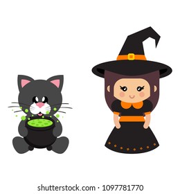 A cute cartoon witch and cat black sitting with cauldron