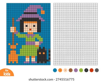 Cute cartoon witch character with cat. Pixel color by number page for kids. Educational activity for preschool and kindergarten children to learn numbers and colors. Simple square grid design