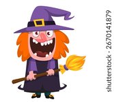 Cute cartoon witch character design. Halloween vector illustration of red haired  witch lady in big hat with a broom. 