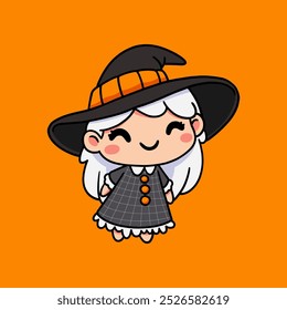 Cute cartoon witch character in a gray dress