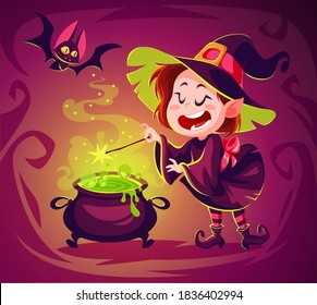 Cute cartoon witch character. Happy halloween vector illustration. Character concept art. Witch cooking poison in a cauldron. Spooky witchcraft. Flying bat.