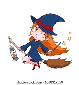 Cute cartoon witch flying on a broom.