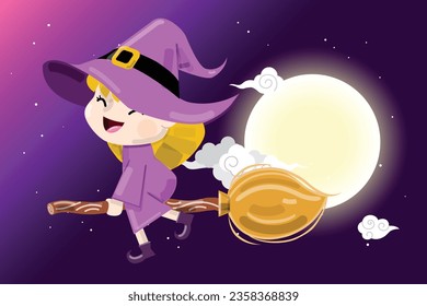 Cute cartoon witch flying on broomstick against full moon light, wizard wearing costume. Night sky with stars and moon. Vector illustration.