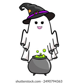 Cute cartoon witch ghost with Poison pot for Halloween party