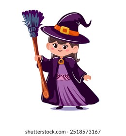 Cute cartoon witch girl with broom character in costume hat halloween vector illustration