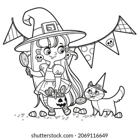 Cute cartoon witch girl and cat with candies trick-or-treat outlined for coloring on white background