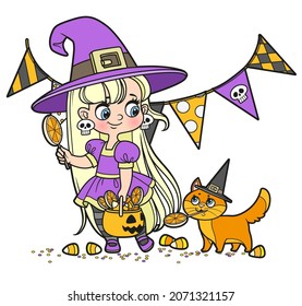 Cute cartoon witch girl and cat with candies trick-or-treat color variation for coloring page on white background