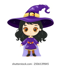 Cute cartoon witch girl. Halloween theme. Halloween Witch Stock isolated clipart on a white background. For flyer, sticker, card, logo, symbol. 