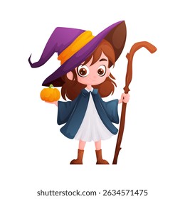 Cute cartoon witch girl with a large purple hat, holding a pumpkin and a wooden staff, perfect for Halloween designs and illustrations.