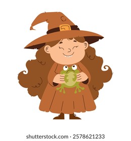 A cute cartoon witch girl with long curly hair and a big smile, holding a green frog while wearing a brown outfit and hat.