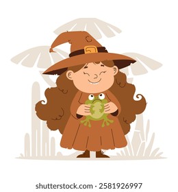 A cute cartoon witch girl with long curly hair holding a green frog, standing in front of large whimsical mushrooms.