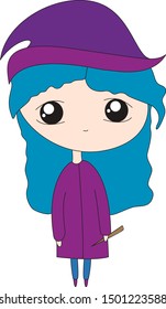 Cute cartoon witch with hat, mantle and magic wand. Illustration for Halloween