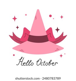 Cute cartoon witch hat. Postcard with pink witch hat with lettering HELLO OCTOBER. Vector Halloween pink core style postcard. Kids illustration in cartoon style. Flat design.