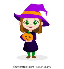 Cute cartoon witch in a hat with a pumpkin for the design of posters, cards and banners for Halloween. Witch Vector Illustration