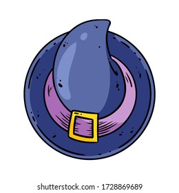 Una bruja de dibujos animados lindo en la vista superior de la imagen del doodle. Logo de magia o brujería. Icono de resaltado de medios