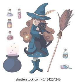 Cute cartoon witch with her black cat and various bottles of potion, magic broom and cauldron. Vector illustration. Isolated objects on white background. Decor elements for gift card and kids products