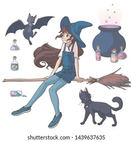 Cute cartoon witch with her black cat,  cute bat and various bottles of potion, magic broom and cauldron. Vector illustration. Isolated objects on white background. Halloween set of elements.