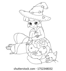 Cute cartoon witch with her cat and a magic ball. Vector illustration.  Decor elements for gift card and kids products. Halloween theme. White and black vector illustration for coloring book.