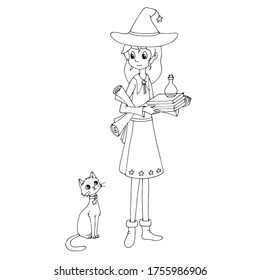 Cute cartoon witch holding books, potion and scroll and looking at her cat. White and black vector illustration for coloring book. Halloween theme.