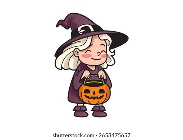 Cute cartoon witch holding a pumpkin bucket, perfect for Halloween themes.