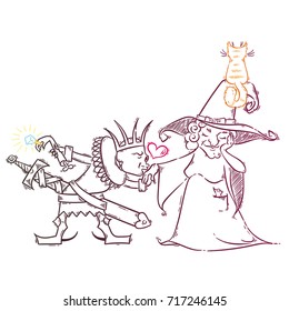 Cute cartoon with witch and lich. Love in happy Halloween. Illustration vector