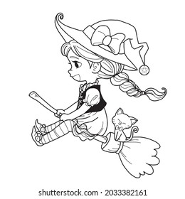 Cute cartoon witch and little cat on broomstick.vector illustration.funny coloring book.