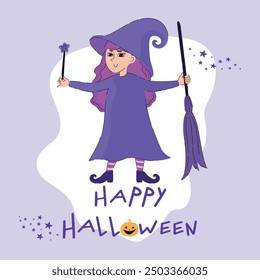 Süße Cartoon-Hexe mit Zauberstab und Besen. Fröhliche Halloween-Grußkarte. Vektorgrafik