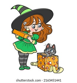 Cute cartoon witch open gift box with cat color variation for coloring page on white background