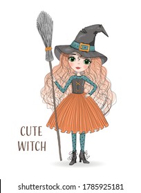 Cute cartoon witch in orange skirt and hat with a broom in hand. Hand drawn beautiful little Halloween Witch. Vector illustration.