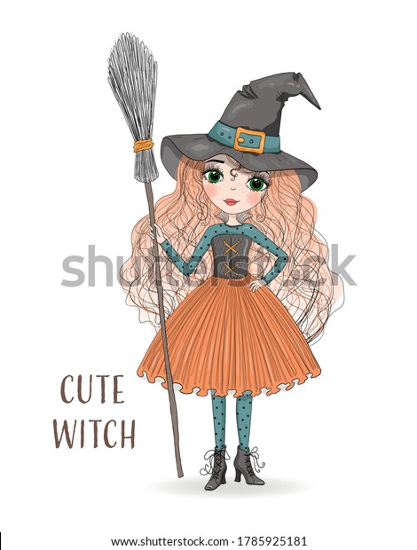 オレンジのスカートをはいたかわいいマンガの魔女と 箒を手にした帽子 手描きの美しい小さなハロウィーンの魔女 ベクターイラスト のベクター画像素材 ロイヤリティフリー