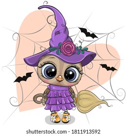 Cute cartoon witch Owl in purple dress and hat