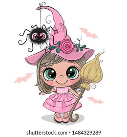 Cute Cartoon Witch In Pink Dress And Hat