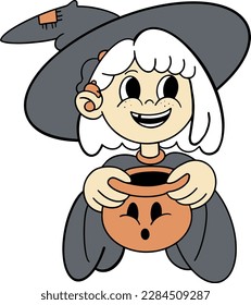 Cute cartoon witch with a pot of potion. Vector illustration.. sticker