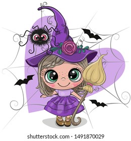 Cute Cartoon Witch In Purple Dress And Hat