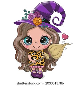 Cute Cartoon Witch In Purple Dress And Hat