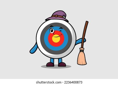 Cute cartoon witch shaped Archery target character with hat and broomstick cute style illustration