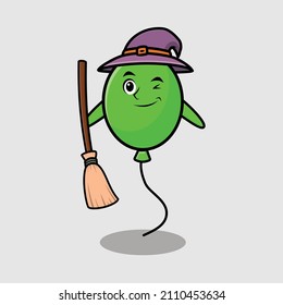 Cute cartoon witch shaped balloon mascot with hat and broomstick cute modern stylish design for t-shirt, sticker, logo elements