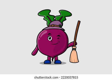Cute cartoon witch shaped Beetroot character with hat and broomstick cute style illustration