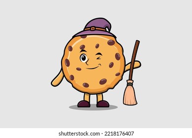 Cute cartoon witch shaped Biscuits character with hat and broomstick cute style illustration