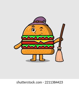 Cute cartoon witch shaped Burger character with hat and broomstick cute style illustration