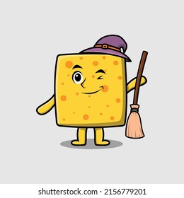 Cute cartoon witch shaped cheese character with hat and broomstick