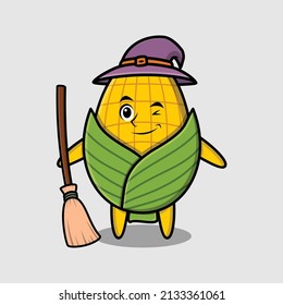 Cute cartoon witch shaped corn character with hat and broomstick cute modern stylish design 
