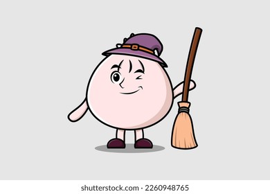 Cute cartoon witch shaped Dim sum character with hat and broomstick cute style illustration