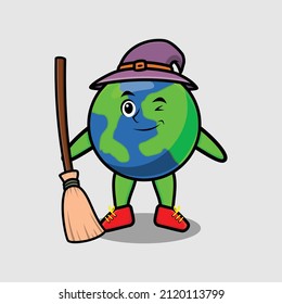 Cute cartoon witch shaped earth mascot with hat and broomstick cute modern stylish design for t-shirt, sticker, logo elements