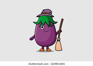 Cute cartoon witch shaped Eggplant character with hat and broomstick cute style illustration
