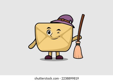 Cute cartoon witch shaped Envelope character with hat and broomstick cute style illustration