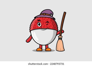 Cute cartoon witch shaped Lychee character with hat and broomstick cute style illustration