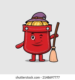 Cute cartoon witch shaped pocket character with hat and broomstick