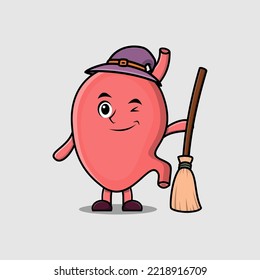 Cute cartoon witch shaped Stomach character with hat and broomstick cute style illustration