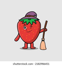 Cute cartoon witch shaped strawberry character with hat and broomstick